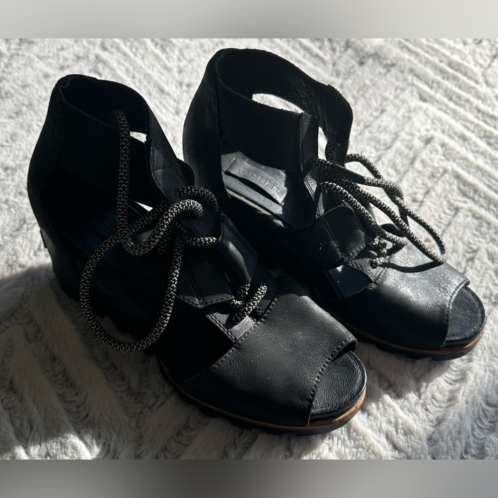 Womens Sorel Joanie Lace Up Wedge Sandals Black/Gray Leather US Size 7 Shoes